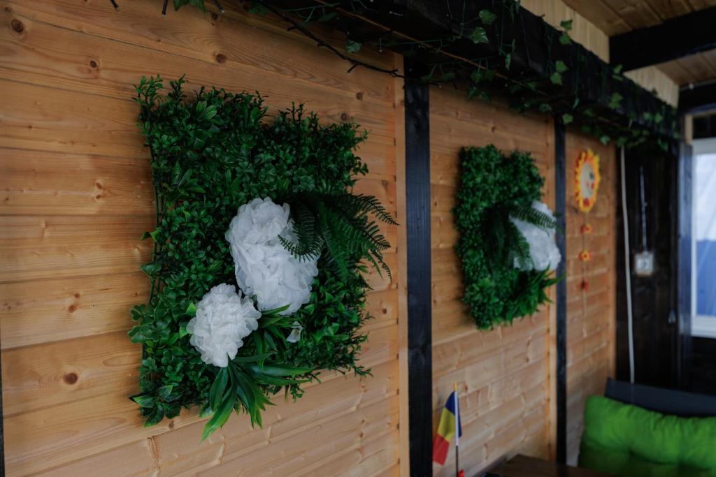 Detaliu de perete în foișor, cu panouri vegetale și canapea verde