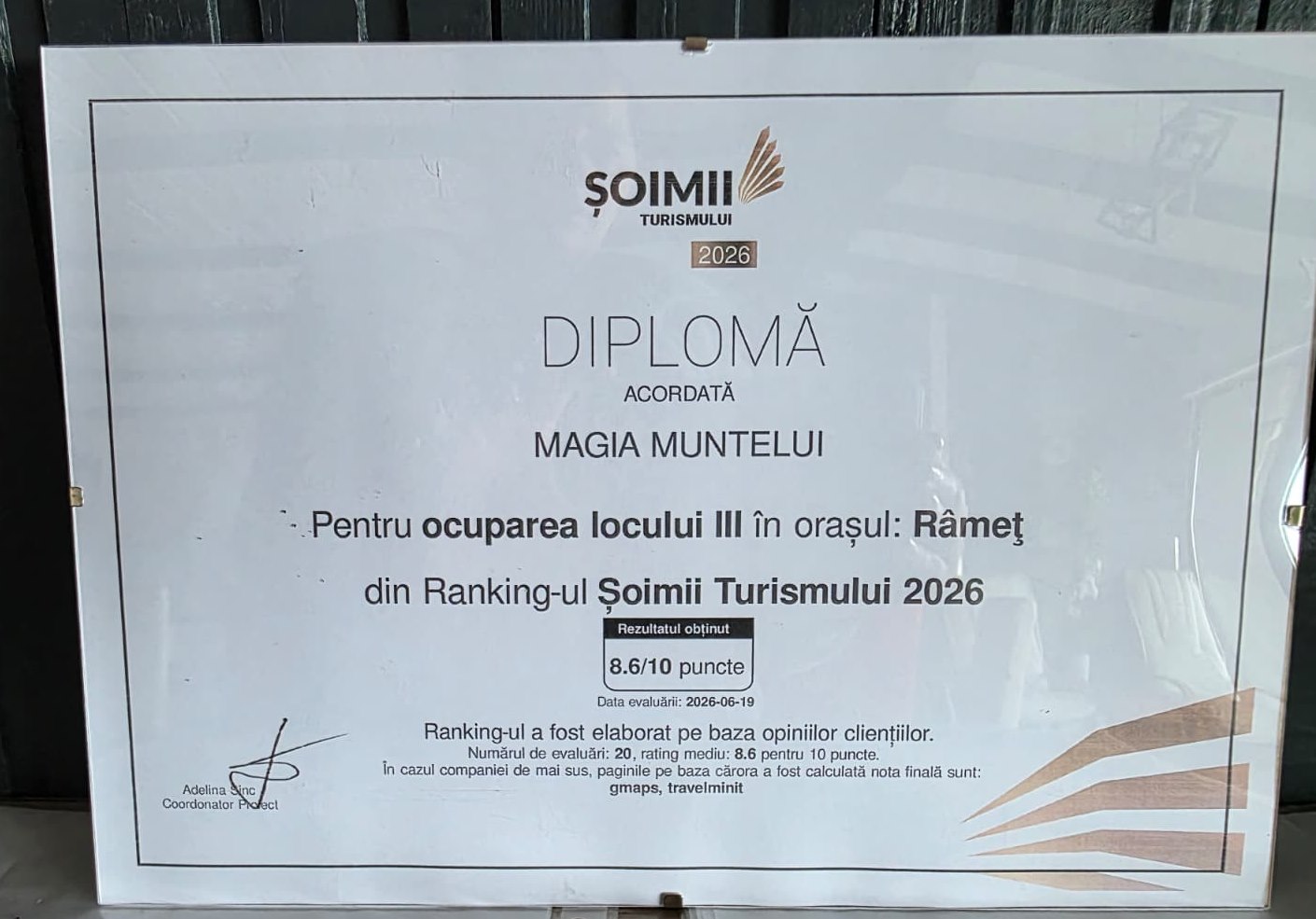 Diploma Șoimii Turismului 2026 acordată Magia Muntelui pentru locul III în Râmeț, cu rezultatul 8.6 din 10 puncte